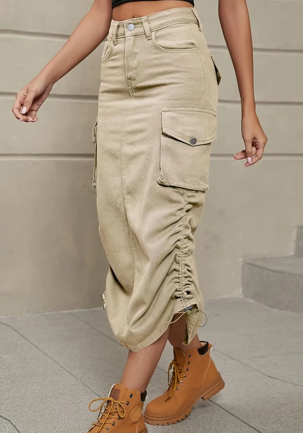 Tcremisa Cargo Skirts for Women Y2k Casual Loose High Waist Maxi Skirts Side Drawstring Denim Skirt with Pocket