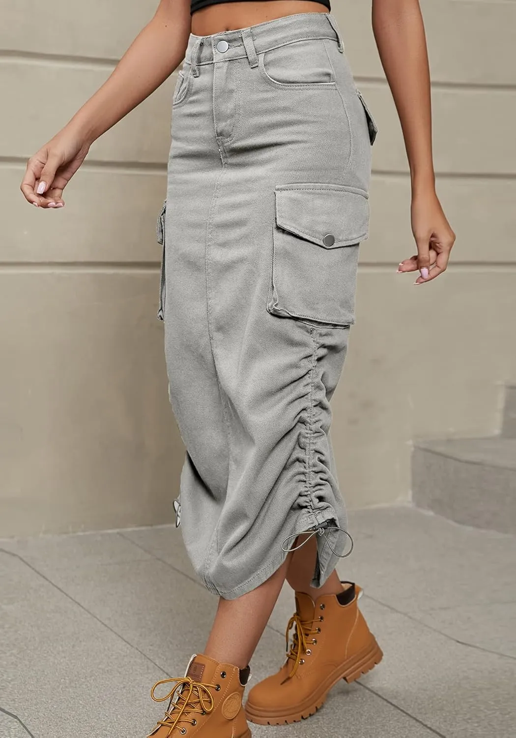 Tcremisa Cargo Skirts for Women Y2k Casual Loose High Waist Maxi Skirts Side Drawstring Denim Skirt with Pocket