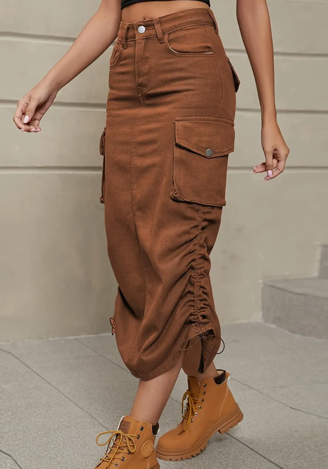 Tcremisa Cargo Skirts for Women Y2k Casual Loose High Waist Maxi Skirts Side Drawstring Denim Skirt with Pocket