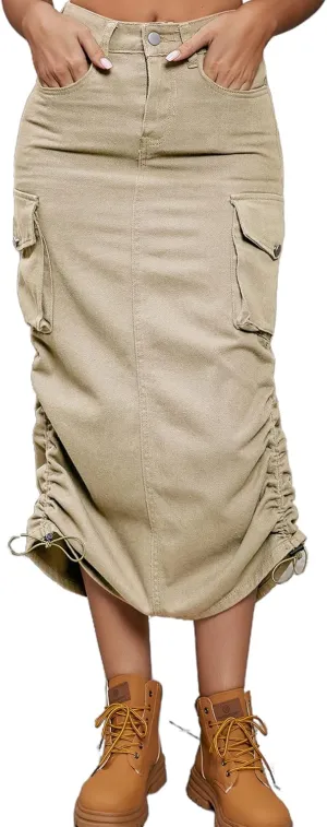 Tcremisa Cargo Skirts for Women Y2k Casual Loose High Waist Maxi Skirts Side Drawstring Denim Skirt with Pocket