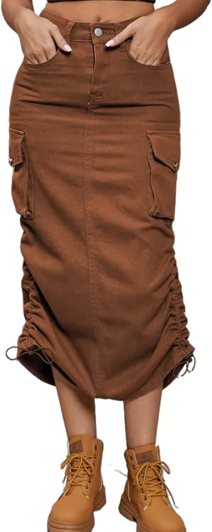 Tcremisa Cargo Skirts for Women Y2k Casual Loose High Waist Maxi Skirts Side Drawstring Denim Skirt with Pocket