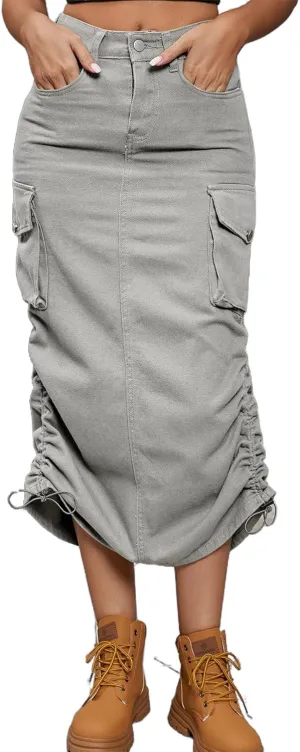 Tcremisa Cargo Skirts for Women Y2k Casual Loose High Waist Maxi Skirts Side Drawstring Denim Skirt with Pocket
