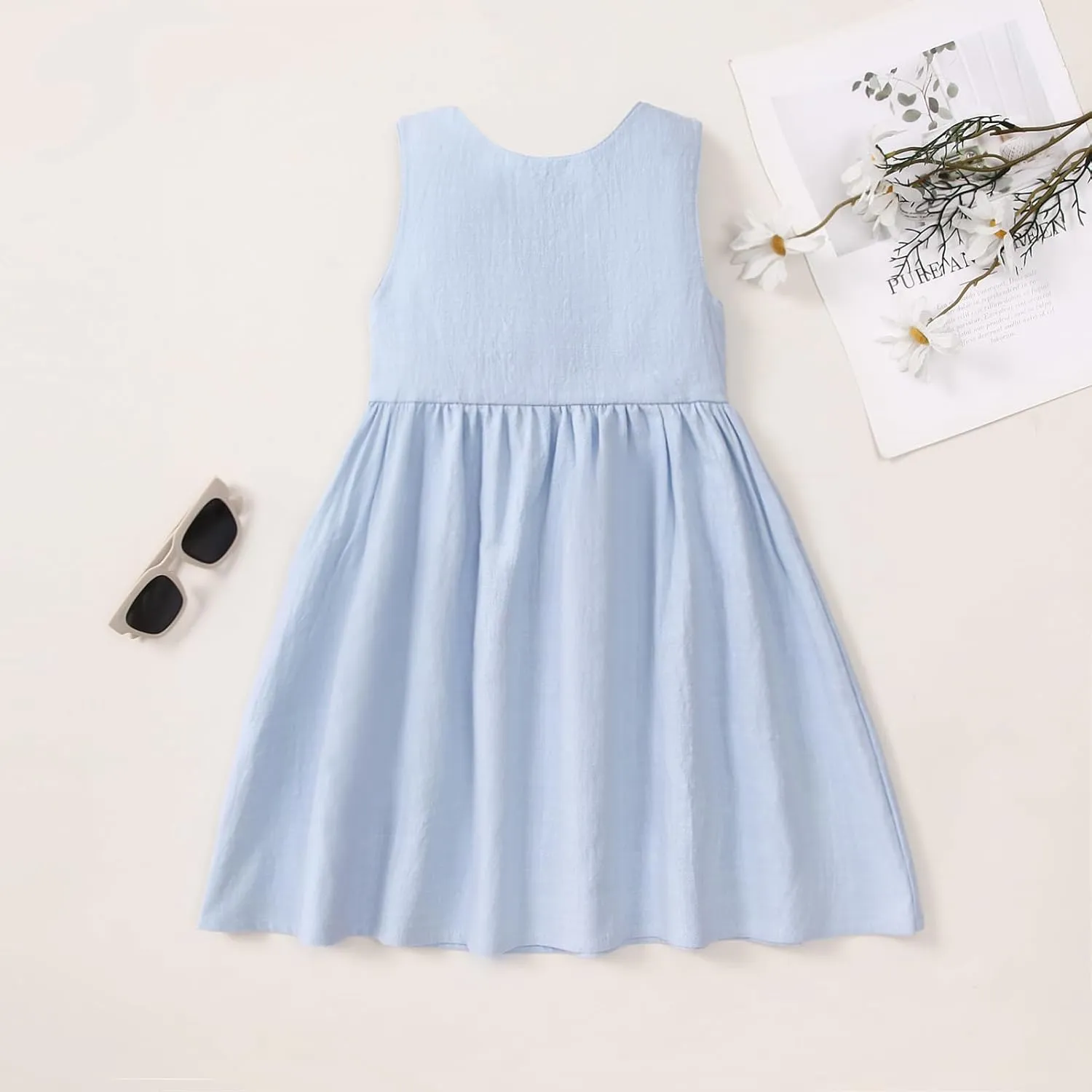 TIMOGG Toddler Girl Dress Summer Sleeveless Linen Cotton Dress Bow Kids Casual Dresses Clothes