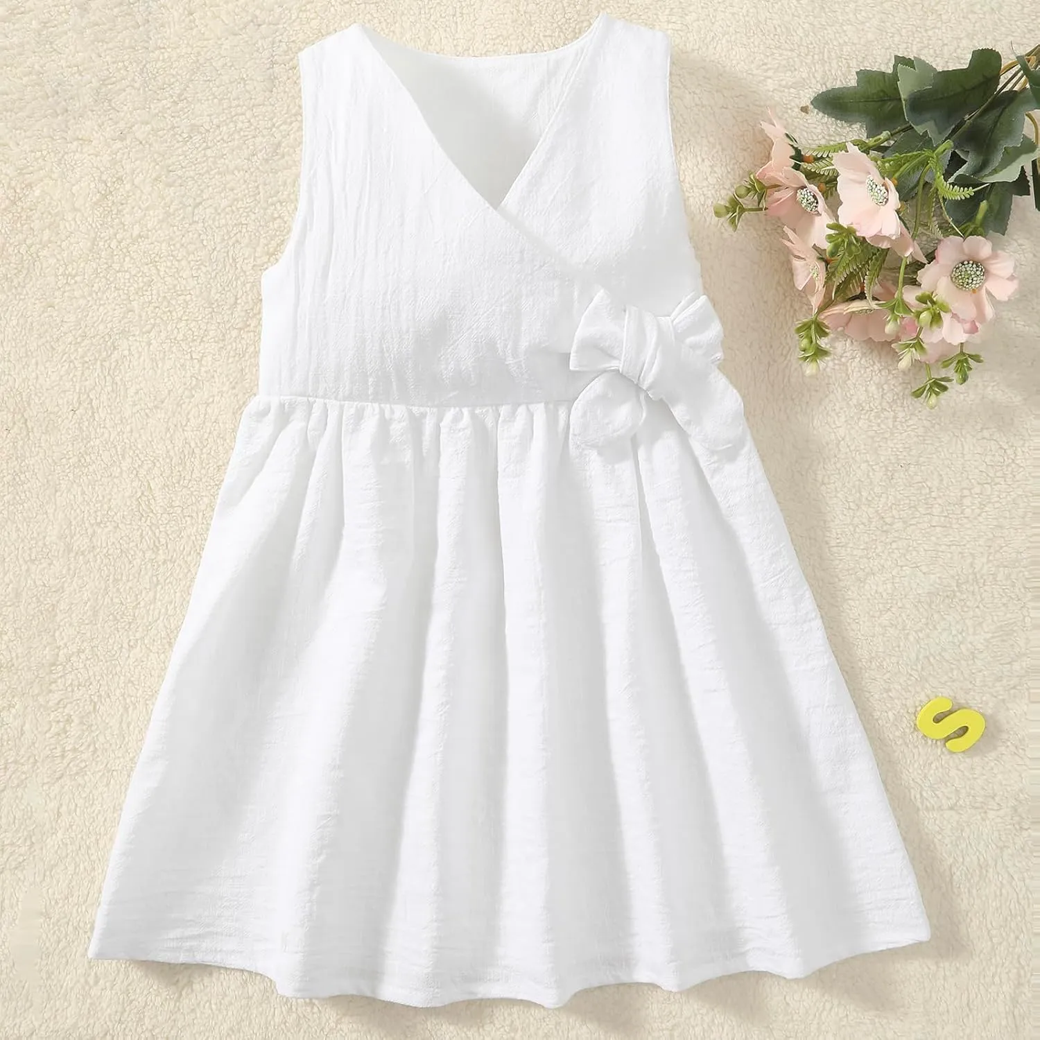 TIMOGG Toddler Girl Dress Summer Sleeveless Linen Cotton Dress Bow Kids Casual Dresses Clothes