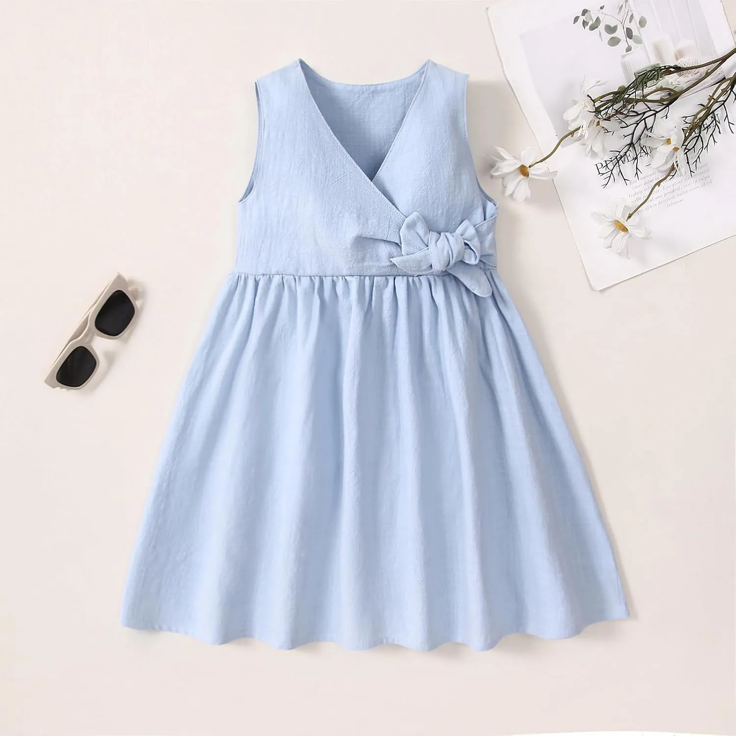 TIMOGG Toddler Girl Dress Summer Sleeveless Linen Cotton Dress Bow Kids Casual Dresses Clothes