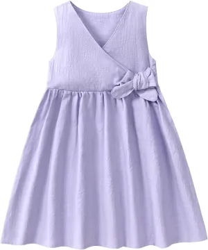TIMOGG Toddler Girl Dress Summer Sleeveless Linen Cotton Dress Bow Kids Casual Dresses Clothes