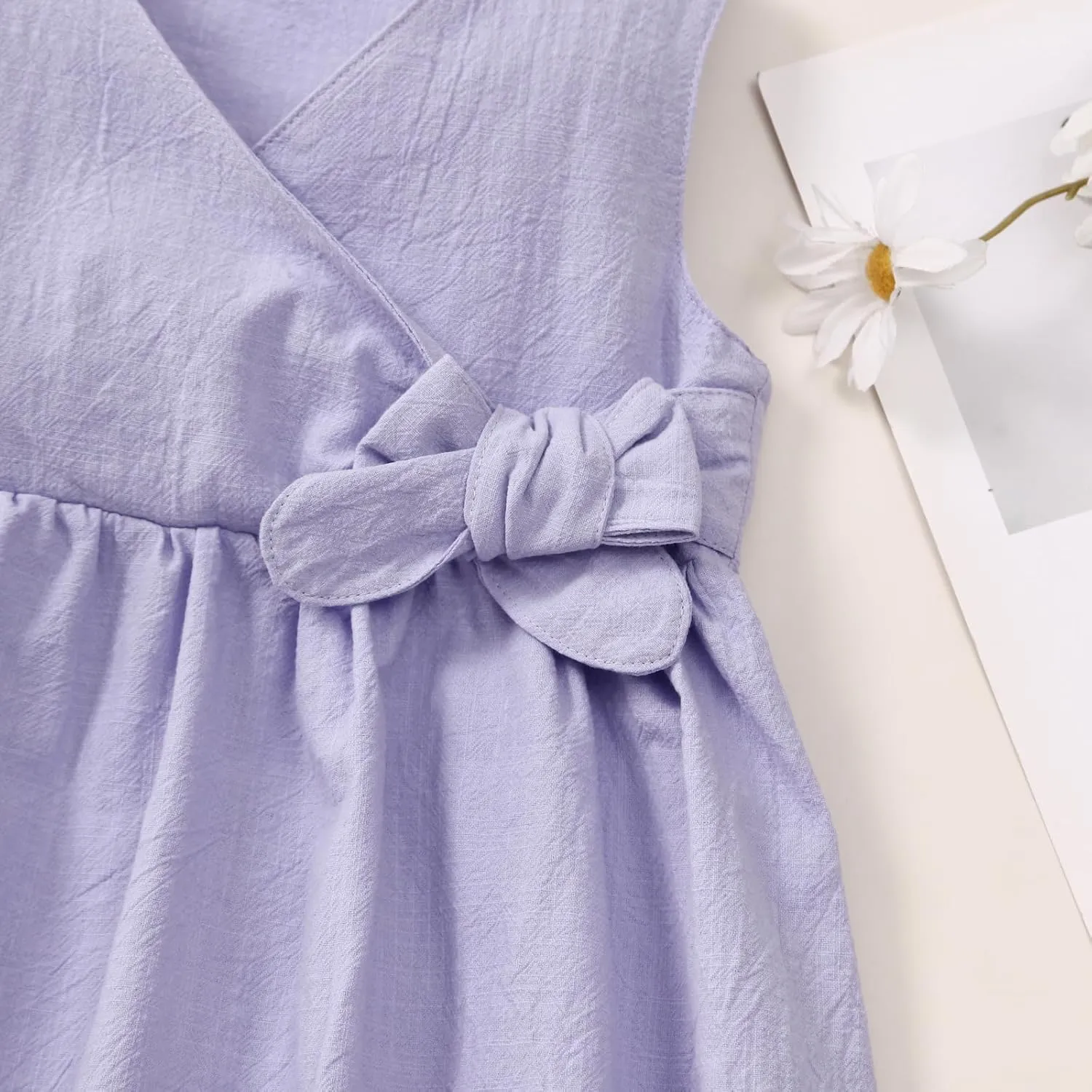 TIMOGG Toddler Girl Dress Summer Sleeveless Linen Cotton Dress Bow Kids Casual Dresses Clothes