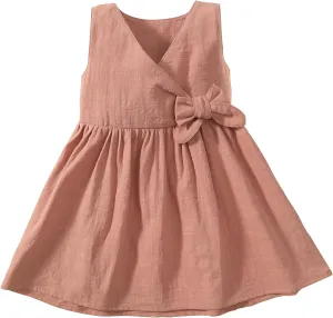 TIMOGG Toddler Girl Dress Summer Sleeveless Linen Cotton Dress Bow Kids Casual Dresses Clothes