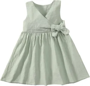 TIMOGG Toddler Girl Dress Summer Sleeveless Linen Cotton Dress Bow Kids Casual Dresses Clothes