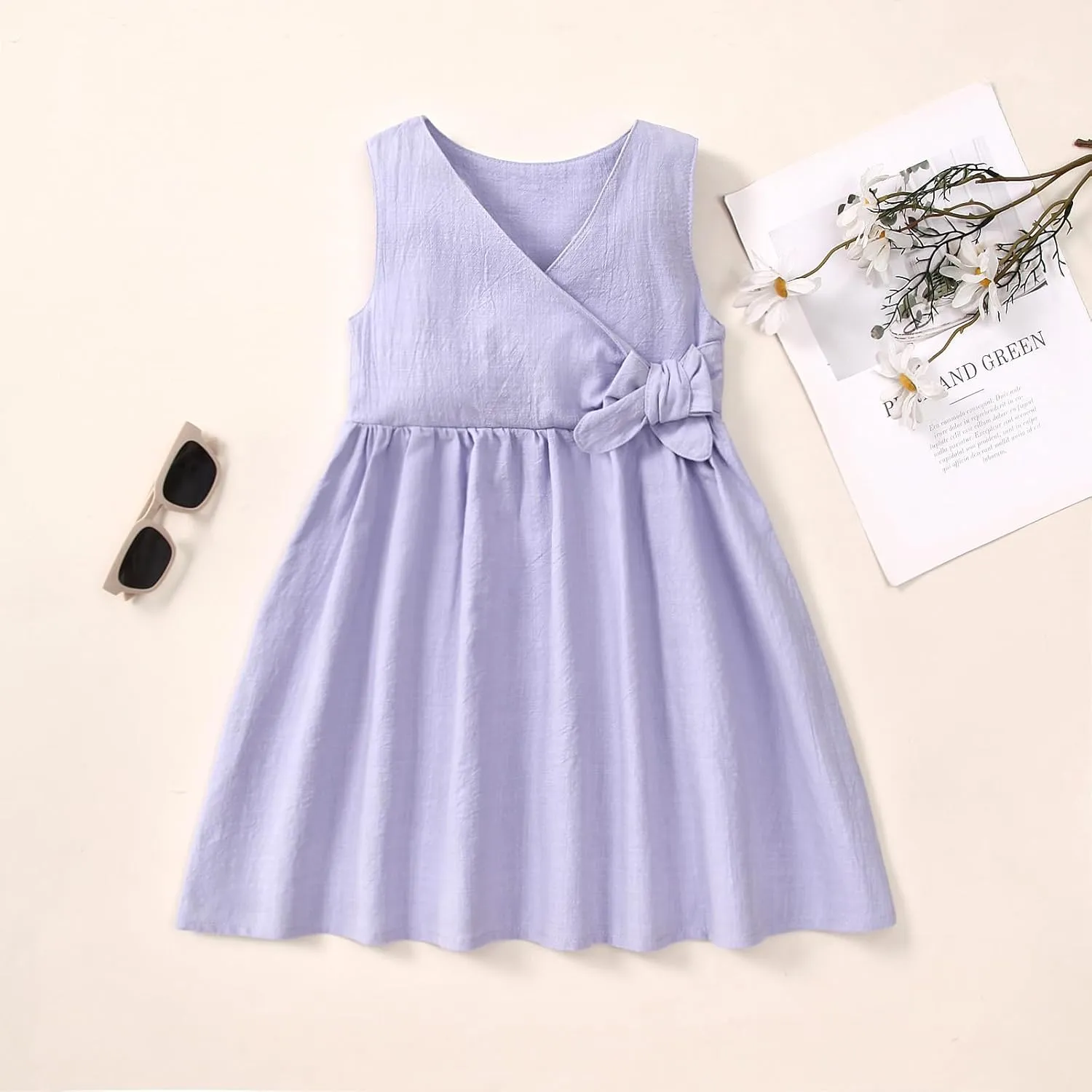 TIMOGG Toddler Girl Dress Summer Sleeveless Linen Cotton Dress Bow Kids Casual Dresses Clothes