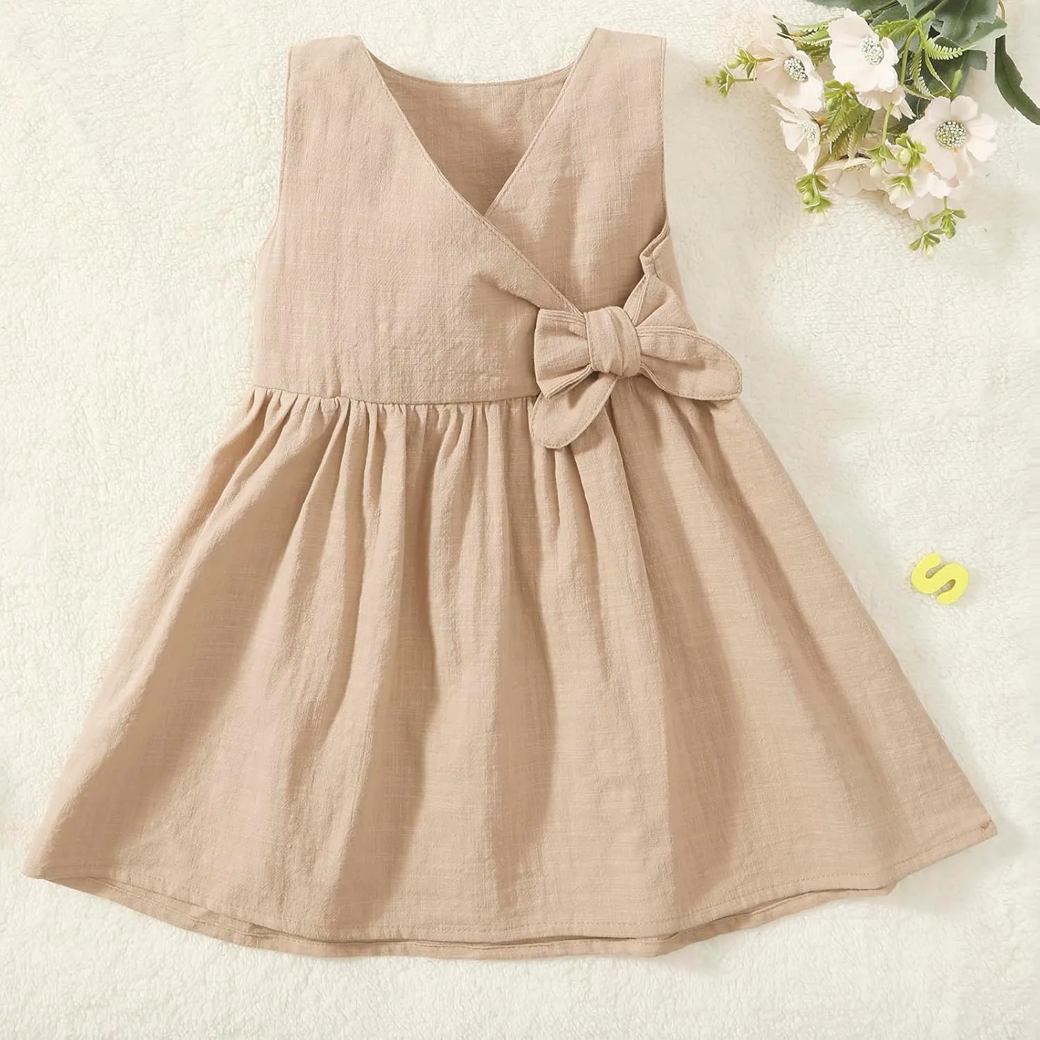 TIMOGG Toddler Girl Dress Summer Sleeveless Linen Cotton Dress Bow Kids Casual Dresses Clothes