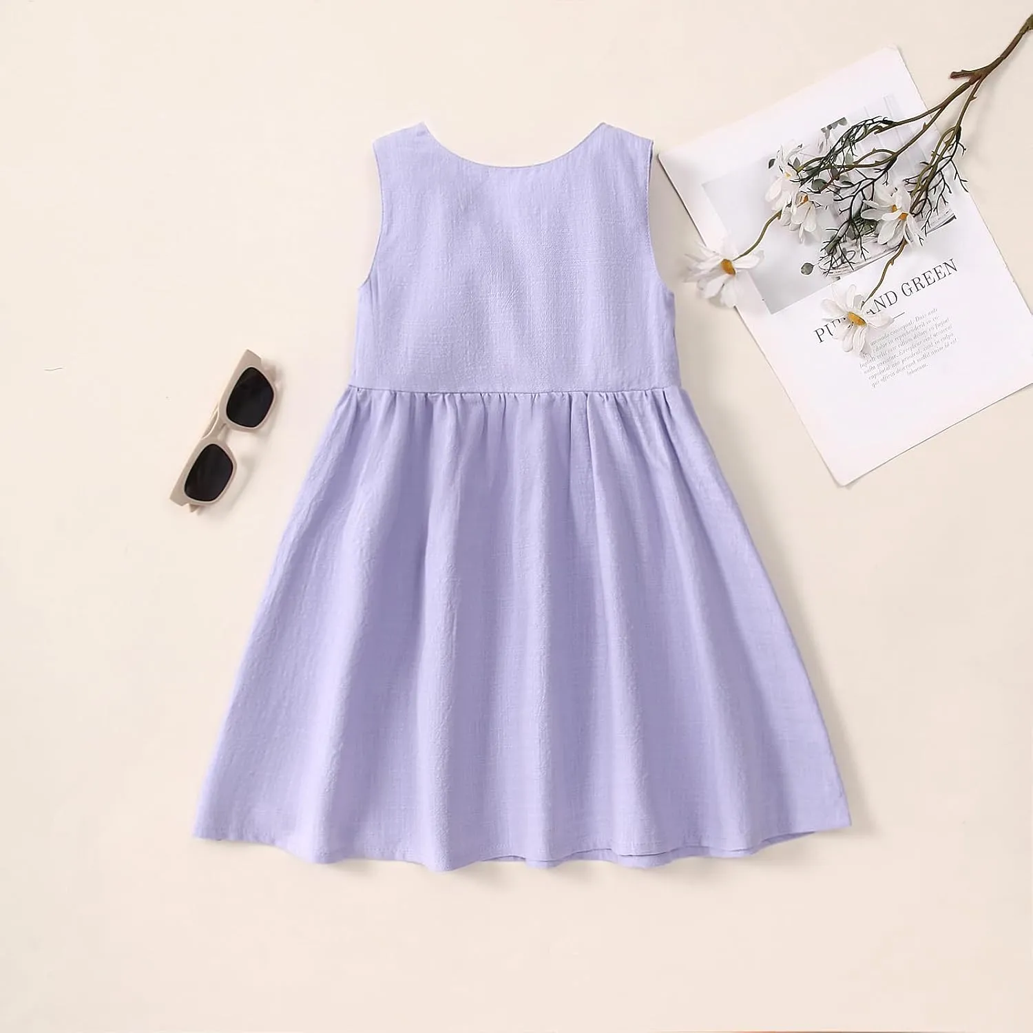 TIMOGG Toddler Girl Dress Summer Sleeveless Linen Cotton Dress Bow Kids Casual Dresses Clothes