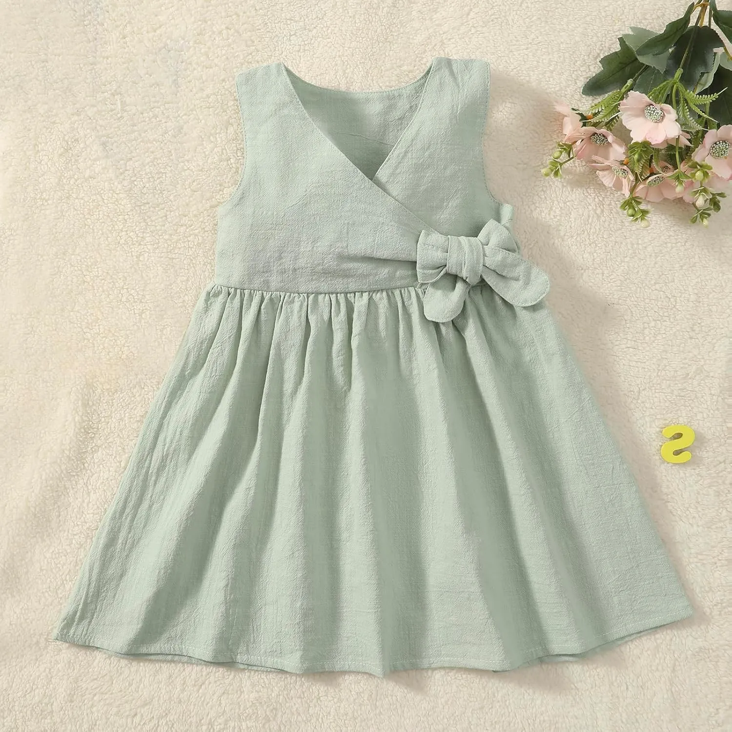 TIMOGG Toddler Girl Dress Summer Sleeveless Linen Cotton Dress Bow Kids Casual Dresses Clothes