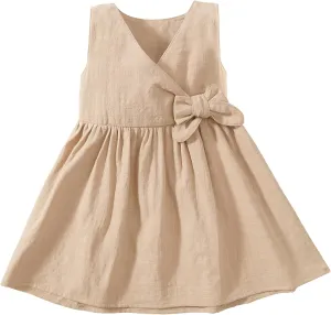 TIMOGG Toddler Girl Dress Summer Sleeveless Linen Cotton Dress Bow Kids Casual Dresses Clothes