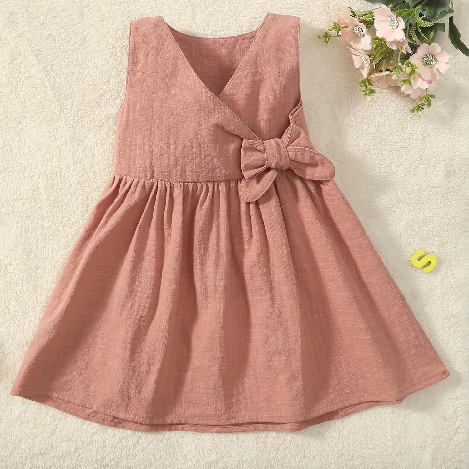 TIMOGG Toddler Girl Dress Summer Sleeveless Linen Cotton Dress Bow Kids Casual Dresses Clothes