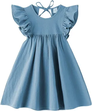 Toddler Baby Girl Cotton Linen Dress Ruffle Sleeve Halter Sleeveless Kids Casual Dresses