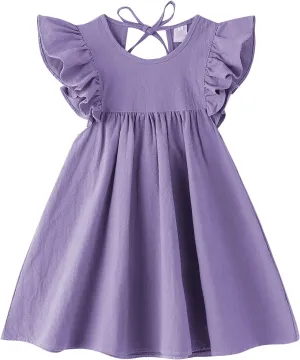Toddler Baby Girl Cotton Linen Dress Ruffle Sleeve Halter Sleeveless Kids Casual Dresses