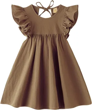 Toddler Baby Girl Cotton Linen Dress Ruffle Sleeve Halter Sleeveless Kids Casual Dresses