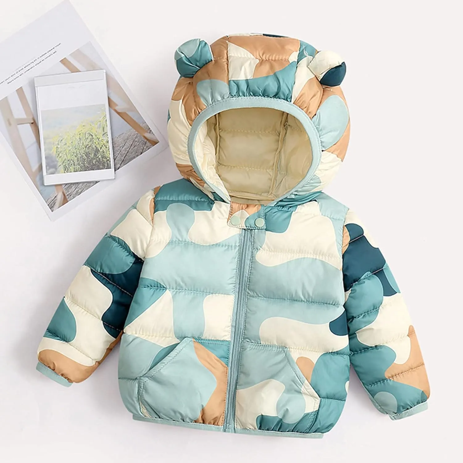 Toddler Baby Girls Boys Packable Light Puffer Jacket with Hoods Cartoon Bear Padded Down Coat Windproof Outerwear