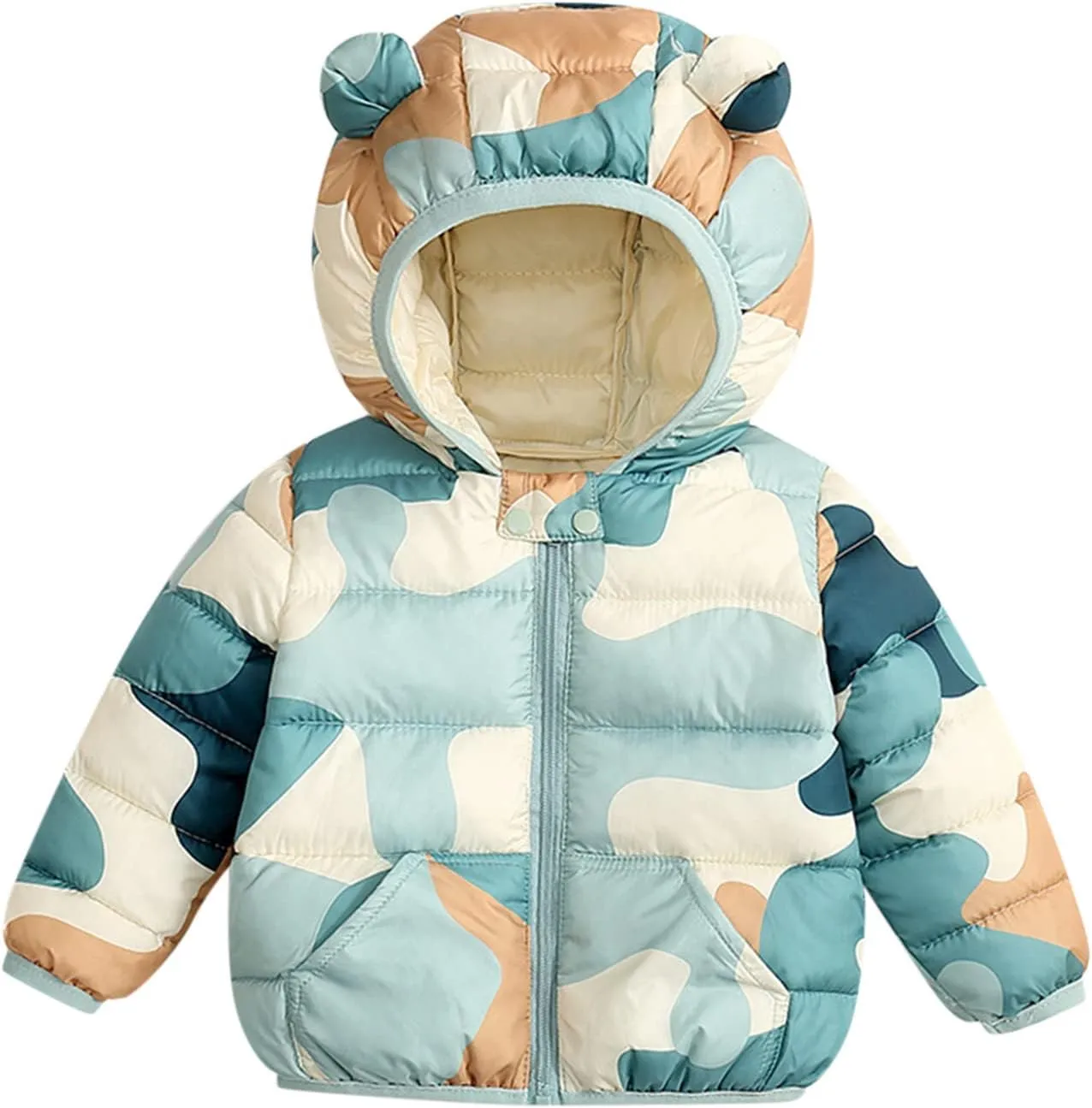 Toddler Baby Girls Boys Packable Light Puffer Jacket with Hoods Cartoon Bear Padded Down Coat Windproof Outerwear