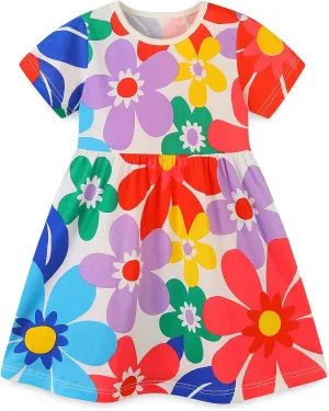 Toddler Girl's Cotton Dress Toddler Girls Summer Dress Clothes Cotton Casual Cartoon Print Short Sleeve Dresses 1-7 Years