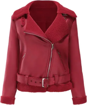 Uillui Women Fashion Sherpa Bomber Jacket Winter Lamb Wool Fleece Lined Thicken Trucker Jacket Fur in One Thermal Suede Coat
