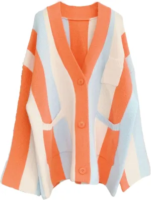 Unilexi Womens Loose Long Sleeve Rainbow Striped Cardigans Sweater Boho Color Block Chunky Knitted Tops