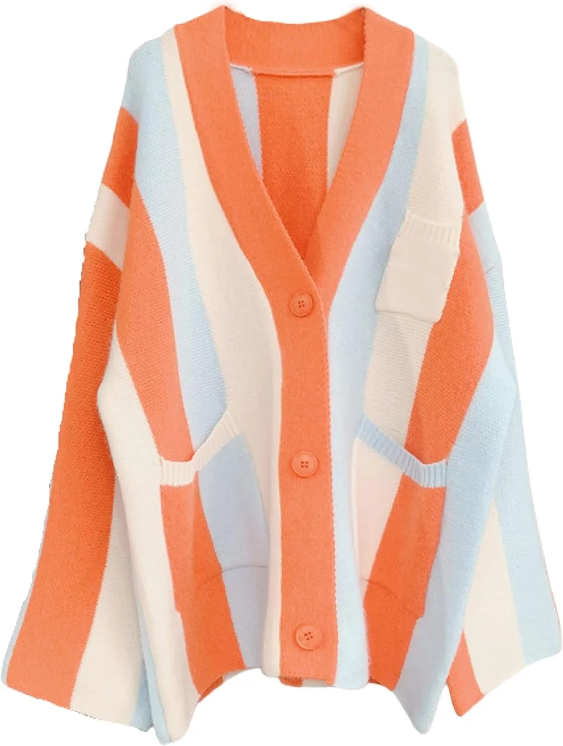 Unilexi Womens Loose Long Sleeve Rainbow Striped Cardigans Sweater Boho Color Block Chunky Knitted Tops