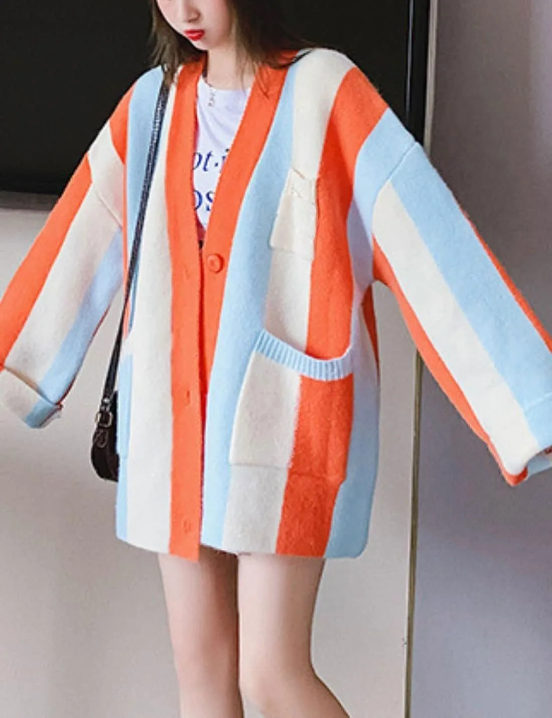 Unilexi Womens Loose Long Sleeve Rainbow Striped Cardigans Sweater Boho Color Block Chunky Knitted Tops