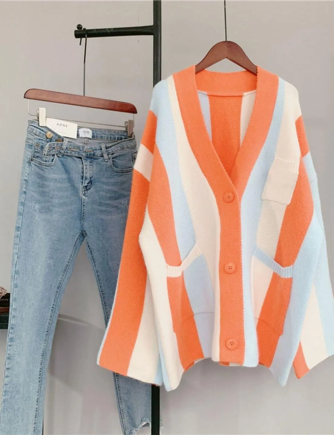 Unilexi Womens Loose Long Sleeve Rainbow Striped Cardigans Sweater Boho Color Block Chunky Knitted Tops