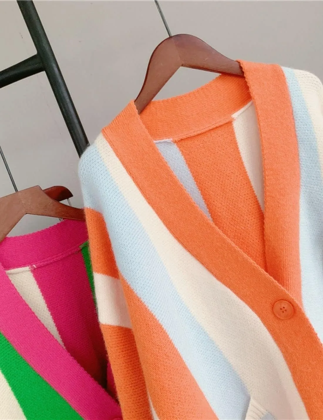 Unilexi Womens Loose Long Sleeve Rainbow Striped Cardigans Sweater Boho Color Block Chunky Knitted Tops
