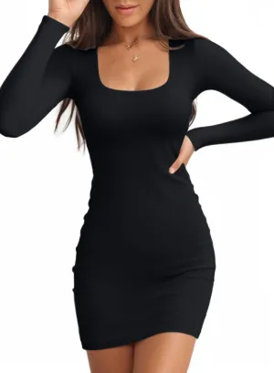 Valiamcep Womens Summer Dresses Square Neck Short Sleeve Ribbed Knit Slim Fitted Basic Bodycon Mini Pencil Dress