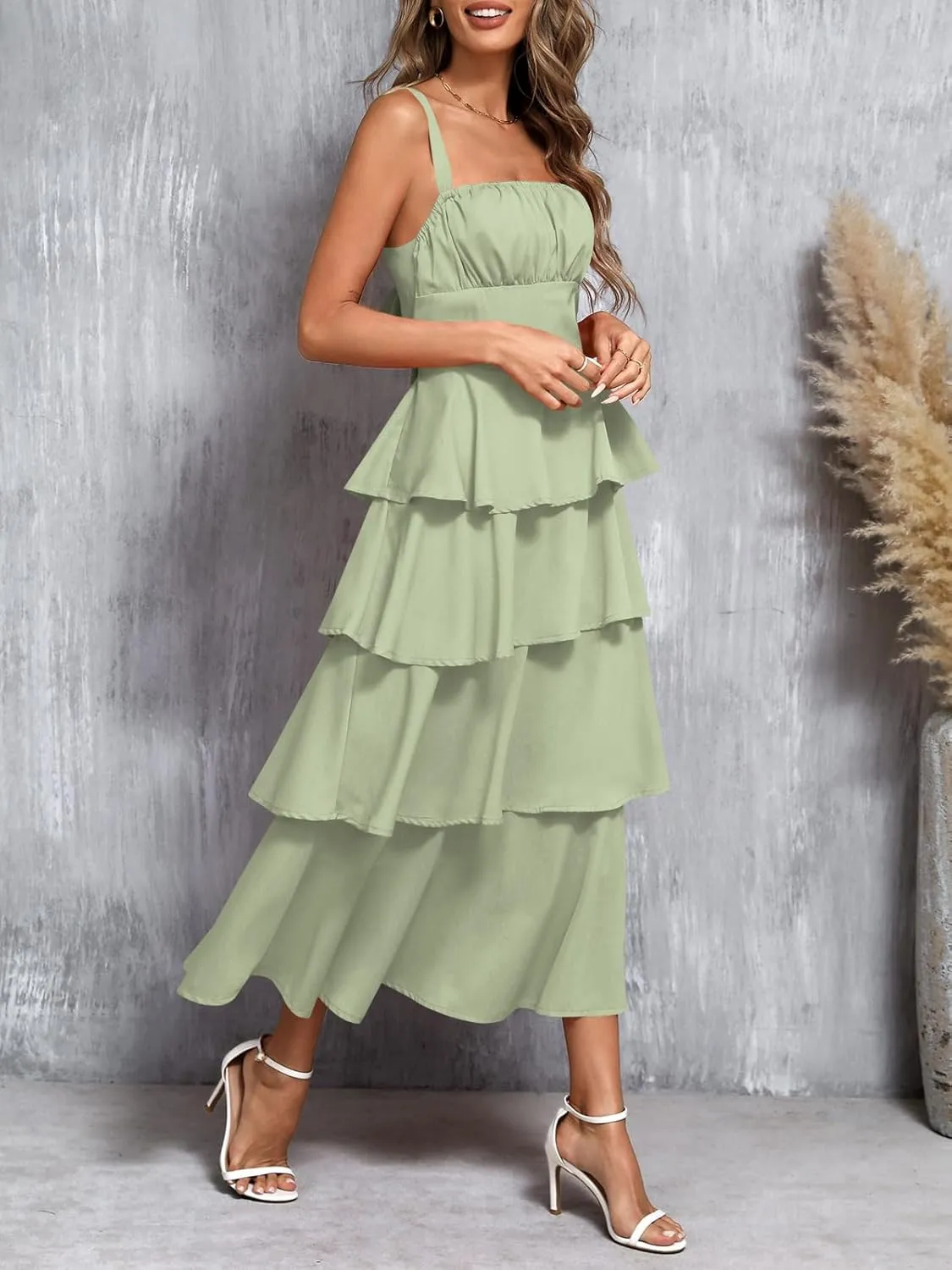 Wenrine Womens Summer Maxi Dress Spaghetti Strap Sleeveless Tie Back Flowy Tiered Casual Dresses