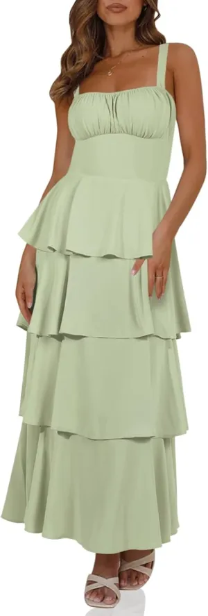 Wenrine Womens Summer Maxi Dress Spaghetti Strap Sleeveless Tie Back Flowy Tiered Casual Dresses