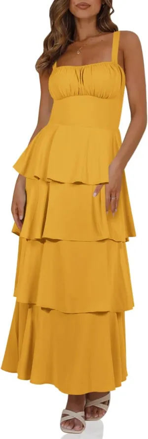 Wenrine Womens Summer Maxi Dress Spaghetti Strap Sleeveless Tie Back Flowy Tiered Casual Dresses