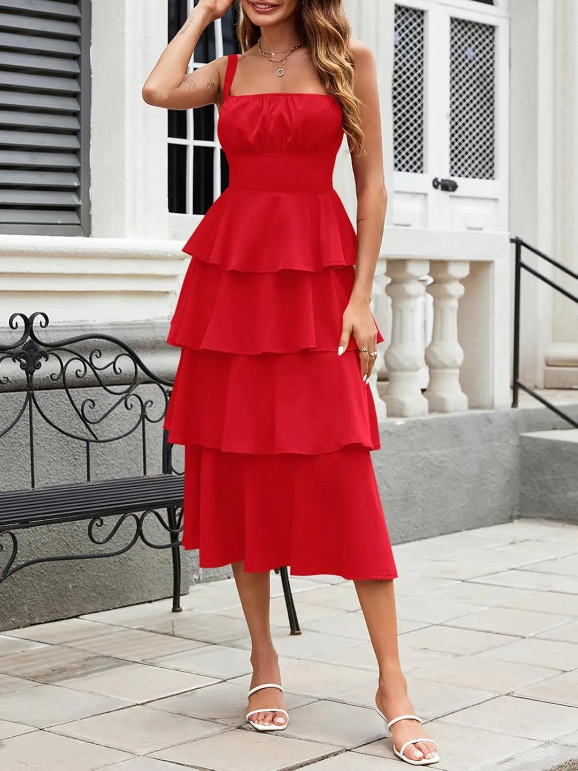 Wenrine Womens Summer Maxi Dress Spaghetti Strap Sleeveless Tie Back Flowy Tiered Casual Dresses