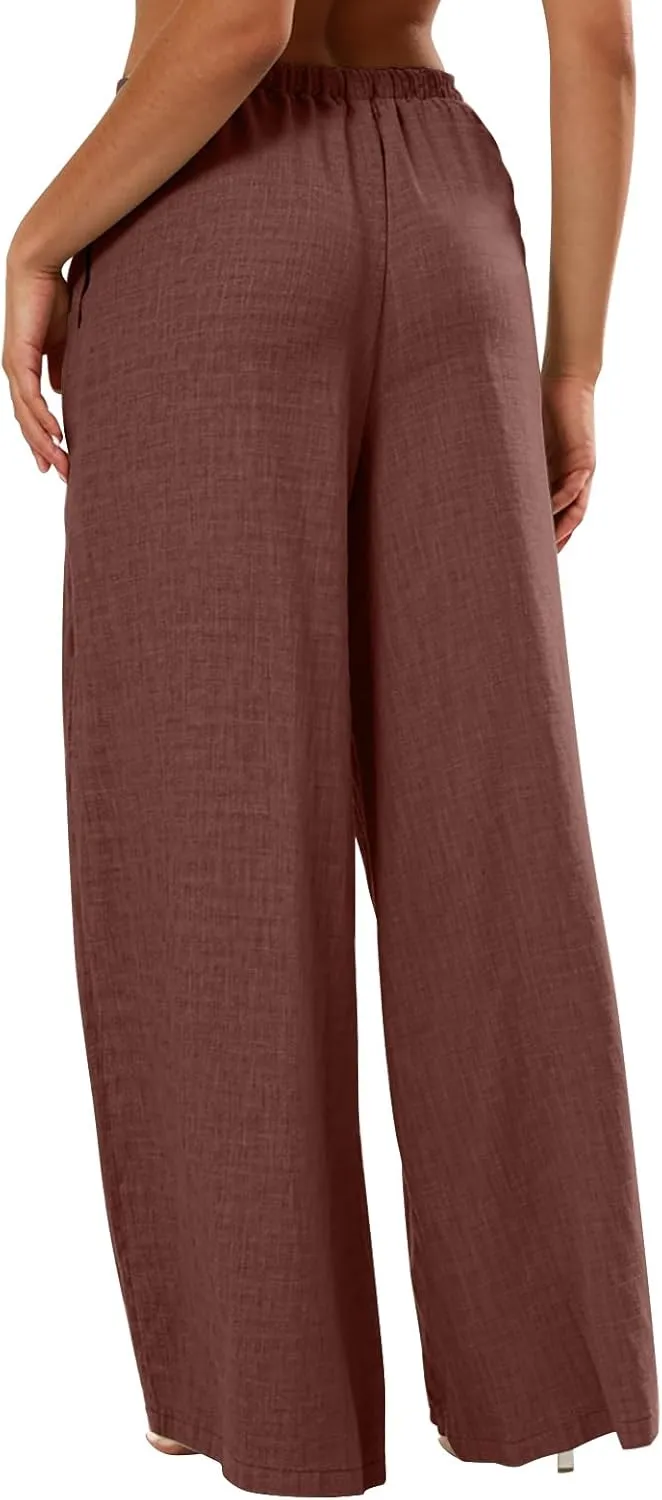 Wide Leg Linen Pants for Women Flowy Summer Pants Elastic Waist Drawstring Palazzo Pants with Pockets Beach Pants