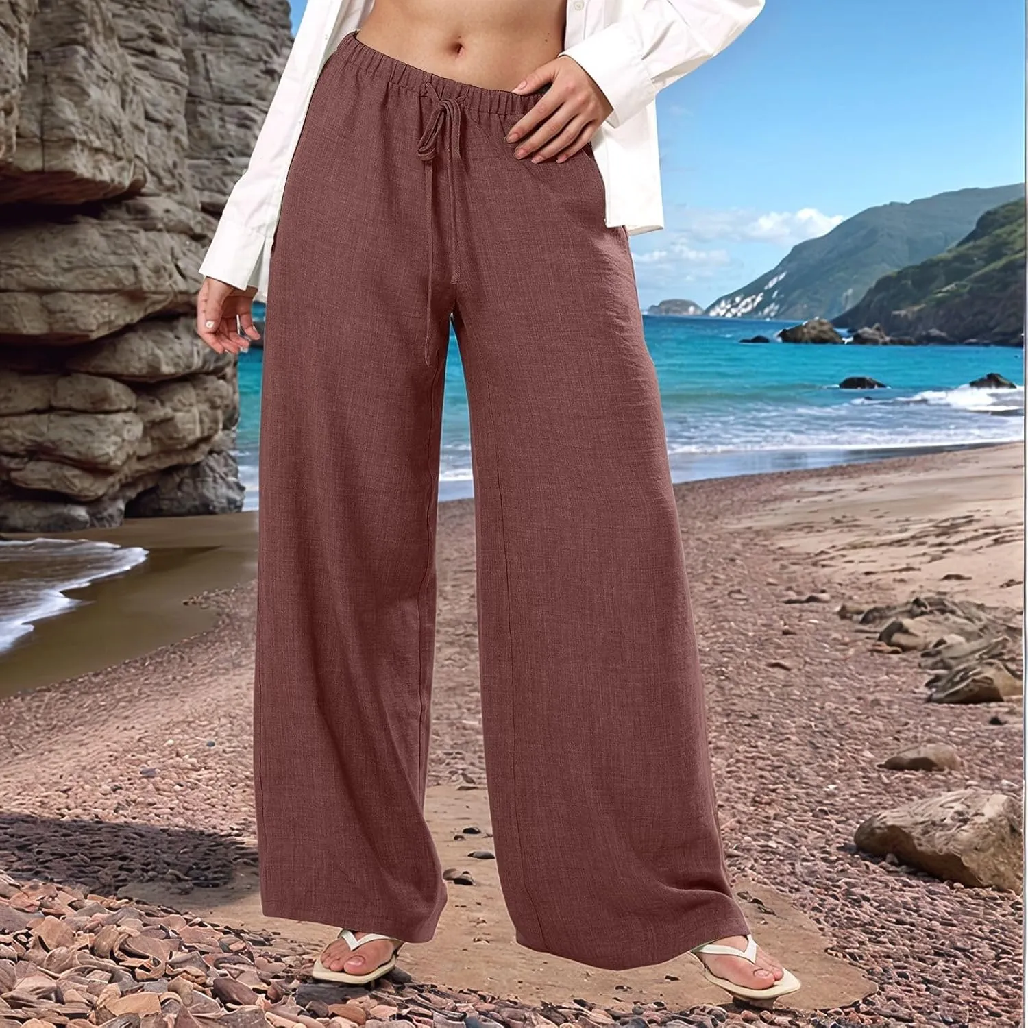 Wide Leg Linen Pants for Women Flowy Summer Pants Elastic Waist Drawstring Palazzo Pants with Pockets Beach Pants