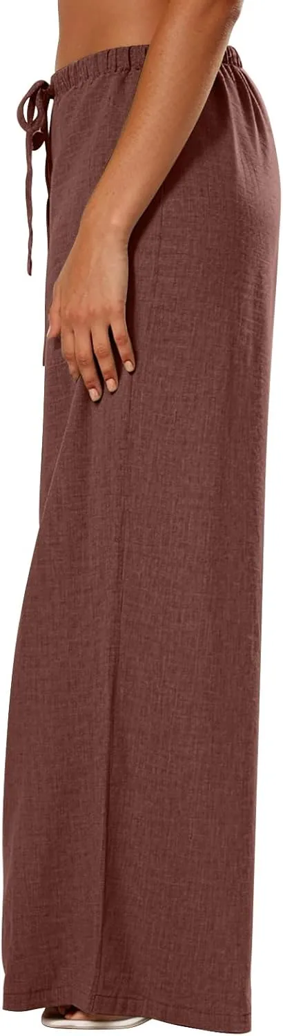 Wide Leg Linen Pants for Women Flowy Summer Pants Elastic Waist Drawstring Palazzo Pants with Pockets Beach Pants
