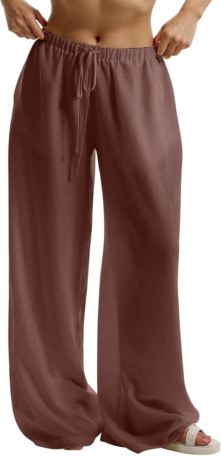 Wide Leg Linen Pants for Women Flowy Summer Pants Elastic Waist Drawstring Palazzo Pants with Pockets Beach Pants