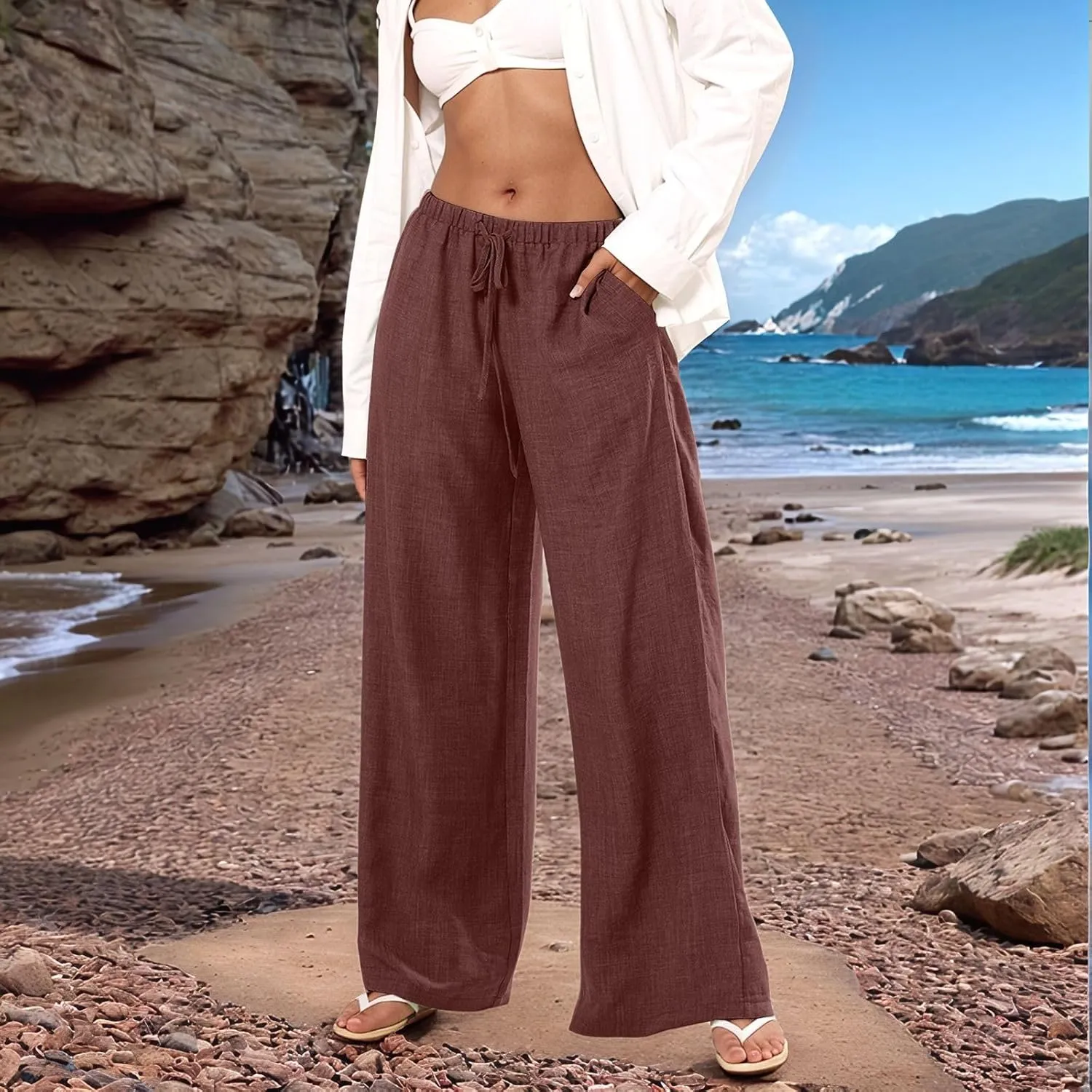 Wide Leg Linen Pants for Women Flowy Summer Pants Elastic Waist Drawstring Palazzo Pants with Pockets Beach Pants