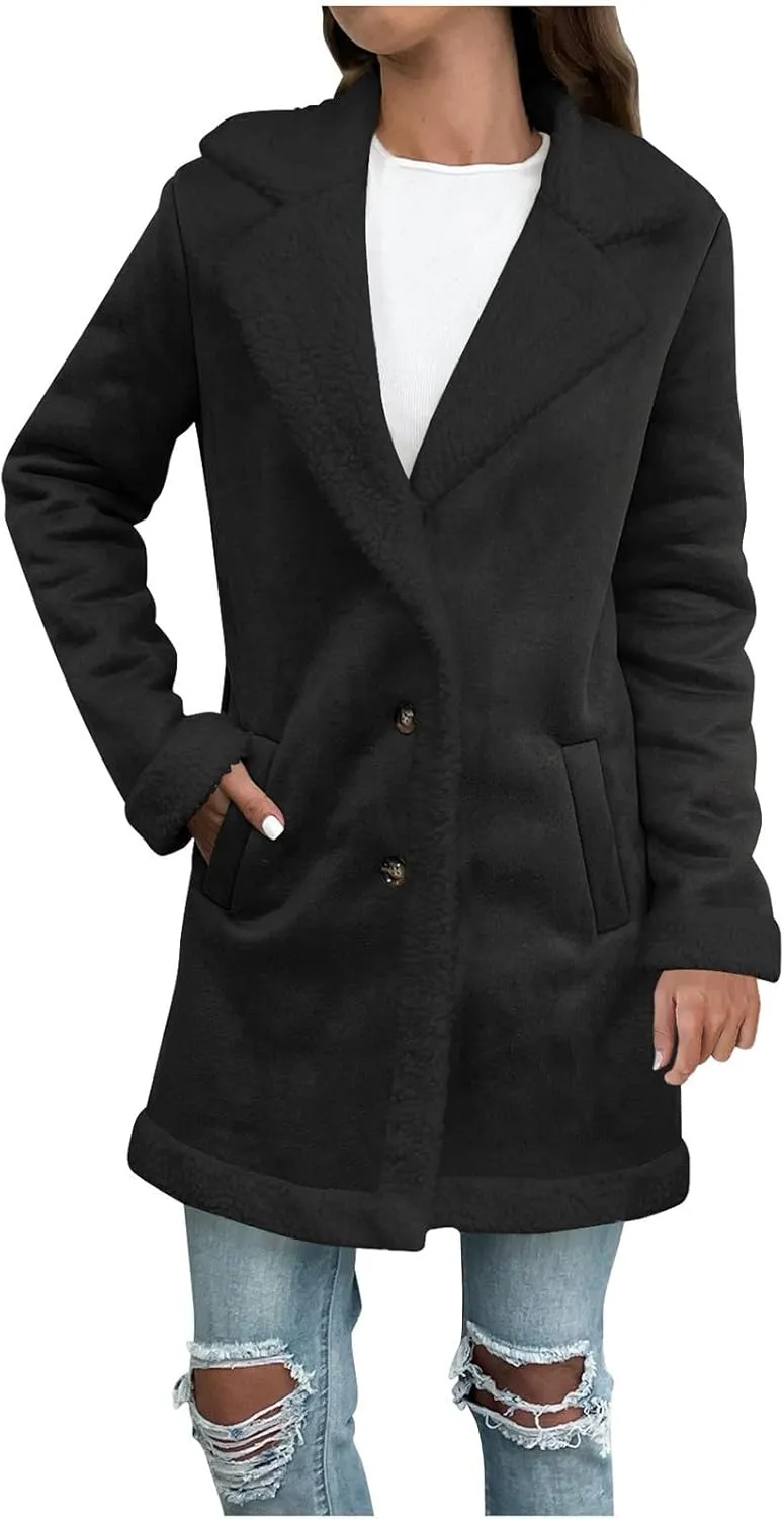 Winter Coats for Women 2024 Fleece Lined Trench Coat Lapel Cardigan Coat Plus Size Open Front Jacket Button Down Coat