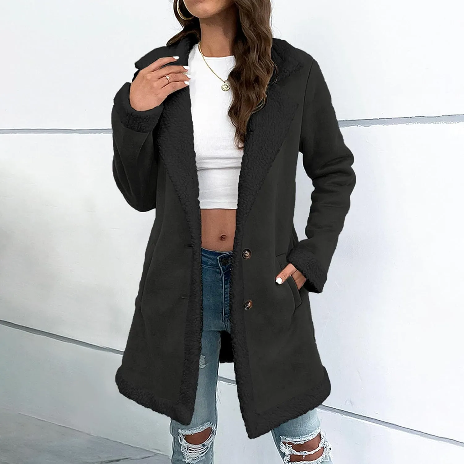 Winter Coats for Women 2024 Fleece Lined Trench Coat Lapel Cardigan Coat Plus Size Open Front Jacket Button Down Coat