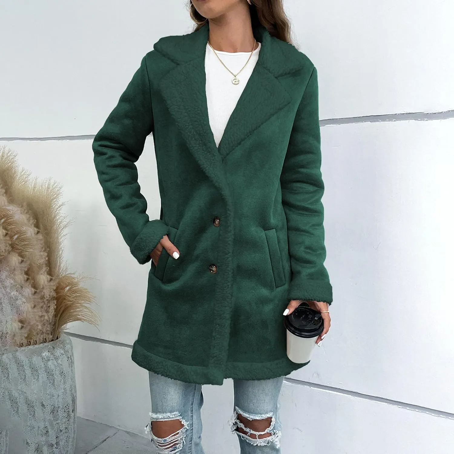 Winter Coats for Women 2024 Fleece Lined Trench Coat Lapel Cardigan Coat Plus Size Open Front Jacket Button Down Coat