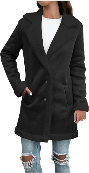 Winter Coats for Women 2024 Fleece Lined Trench Coat Lapel Cardigan Coat Plus Size Open Front Jacket Button Down Coat