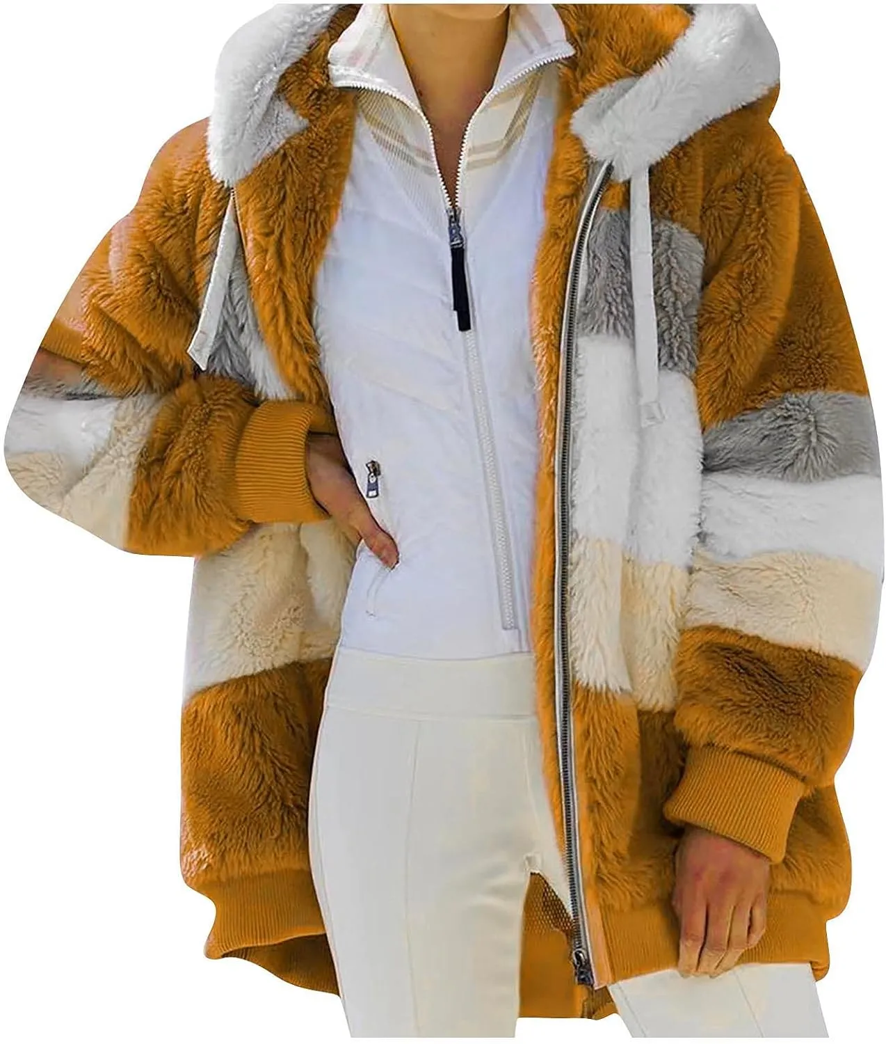 Winter Coats for Women,Long Sleeve Sherpa Jackets with Pockets,Thicken Fluffy Coat Outwear