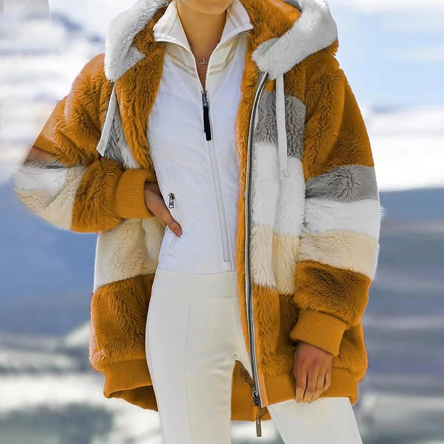 Winter Coats for Women,Long Sleeve Sherpa Jackets with Pockets,Thicken Fluffy Coat Outwear