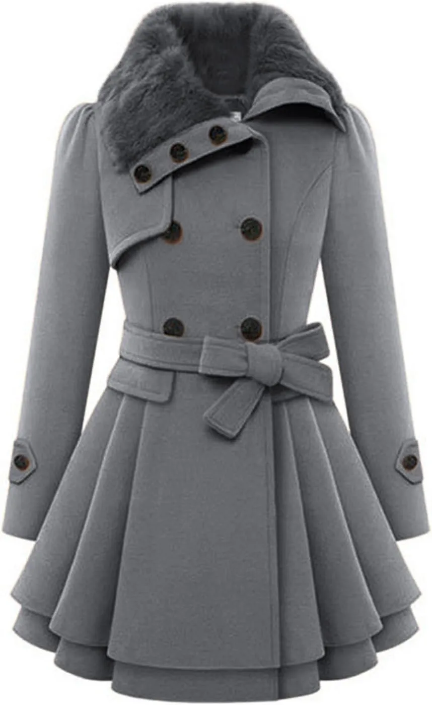 Winter Trench Coat Women Lapel Double Breasted Wool Blend Pea Coats Fashion Plaid Hooded Long Jacket with Belted