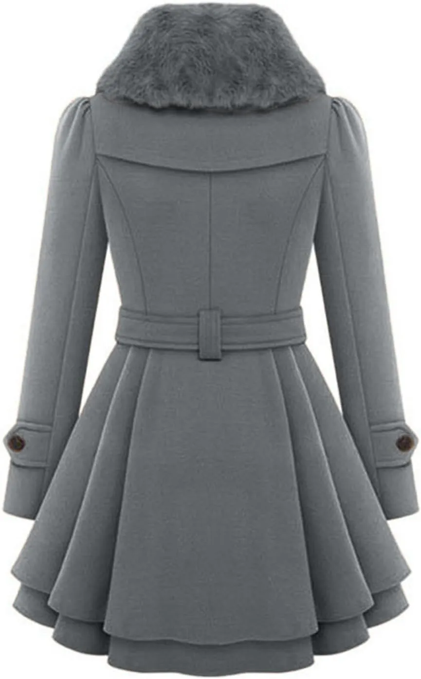 Winter Trench Coat Women Lapel Double Breasted Wool Blend Pea Coats Fashion Plaid Hooded Long Jacket with Belted