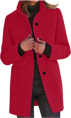 Winter Wool Pea Coat for Women Single Breasted Stand Collar Trench Coat Mid Length Loose Casual Overcoat